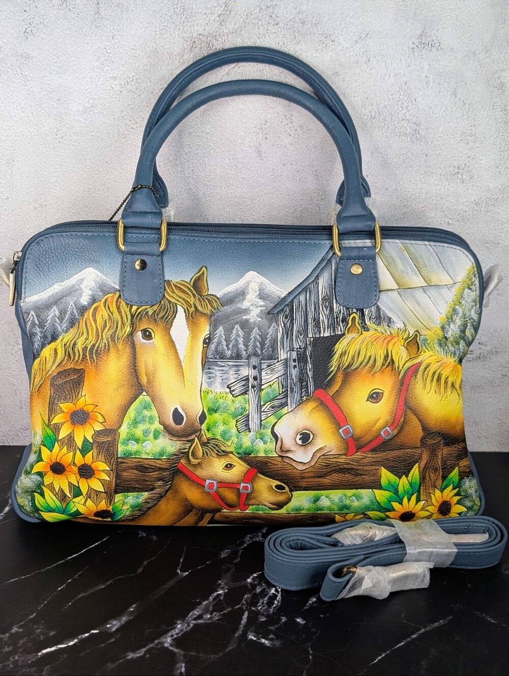 Sukriti Hand-Painted Leather Horses Tote Bag W/Adjustable Strap - Slate Blue